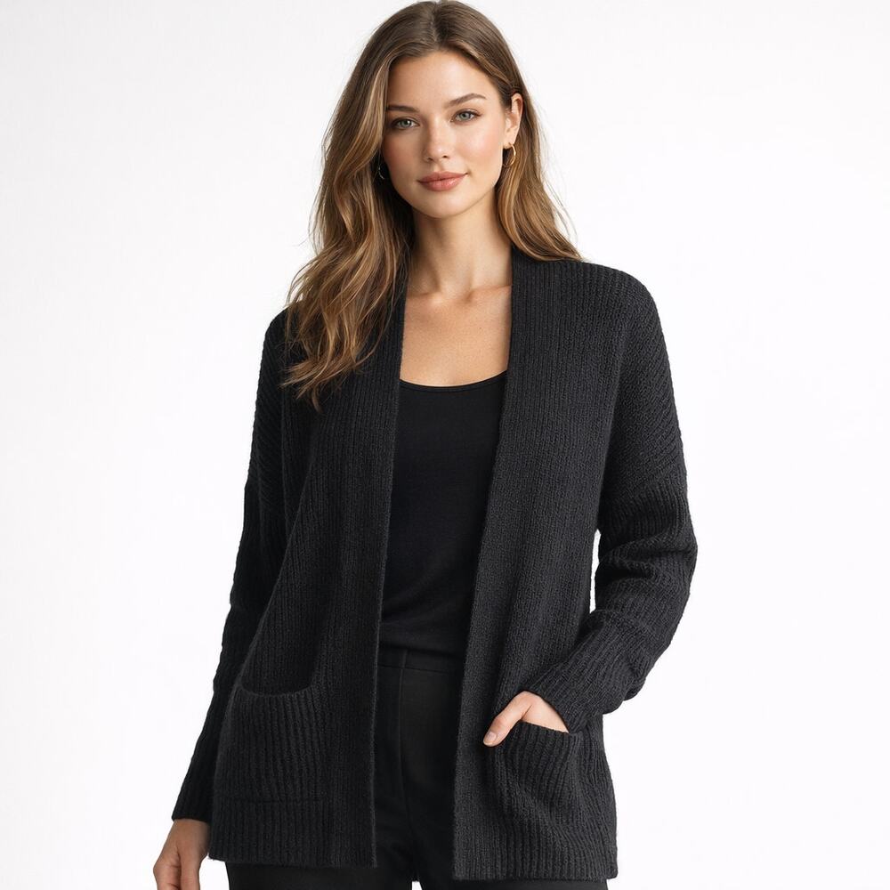 NEW Eileen Fisher Extra Fine Merino Wool Ribbed Cardigan Black Womens Large L